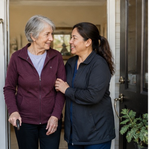 Caregiver providing reassuring support to an older adult at home