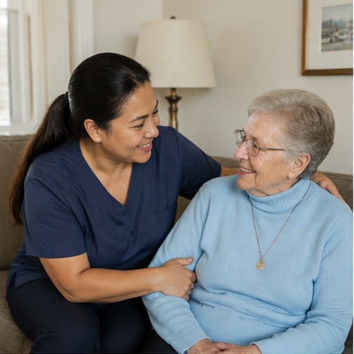 Caregiver spending time with an older adult at home