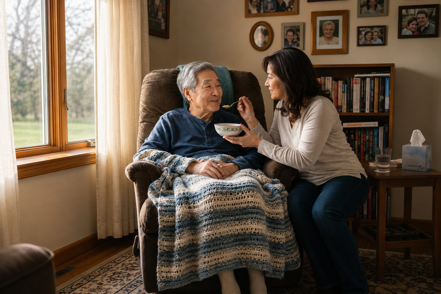 Caregiver offering supportive assistance to an older adult at home