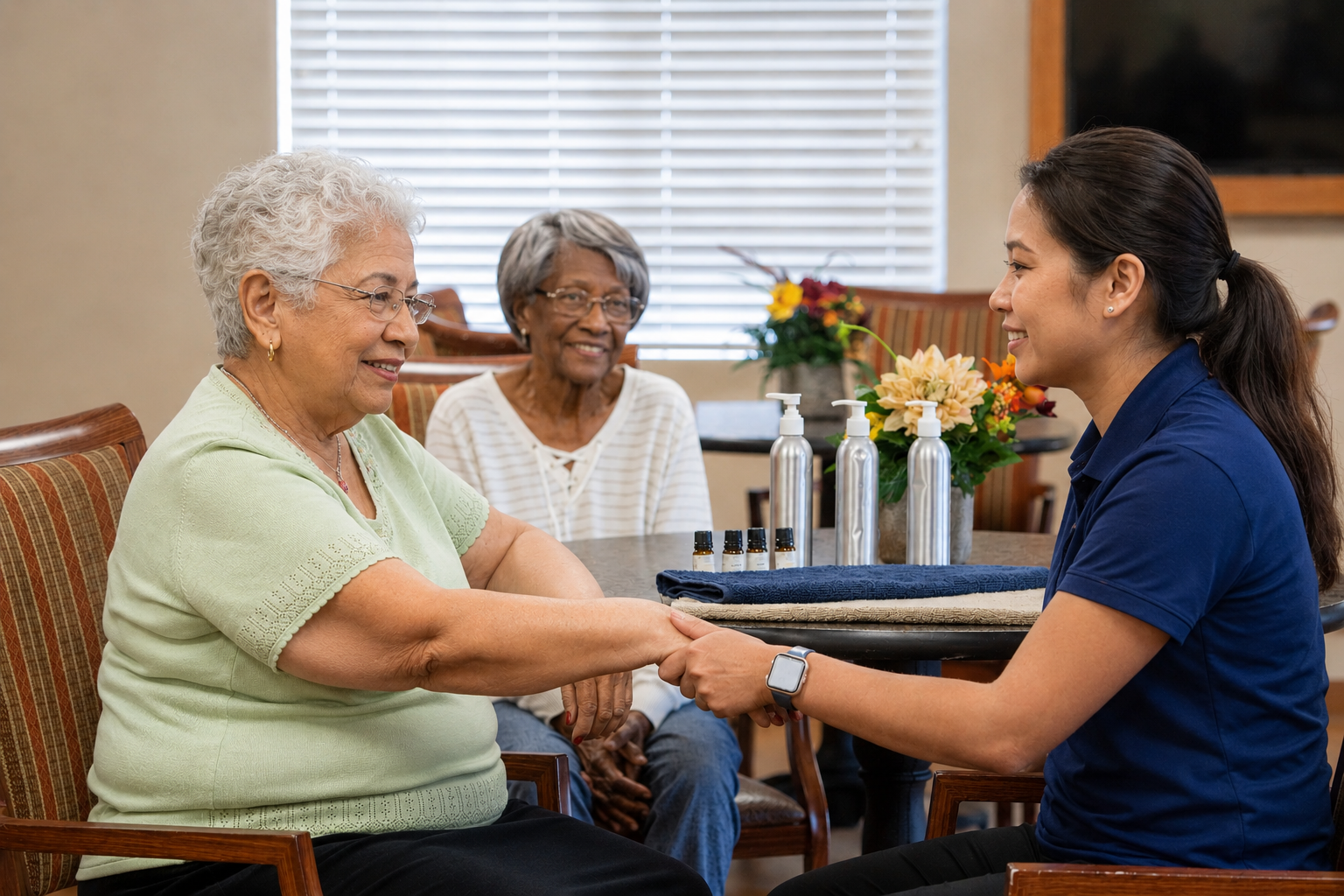 Caregiver providing supportive companionship to older adults
